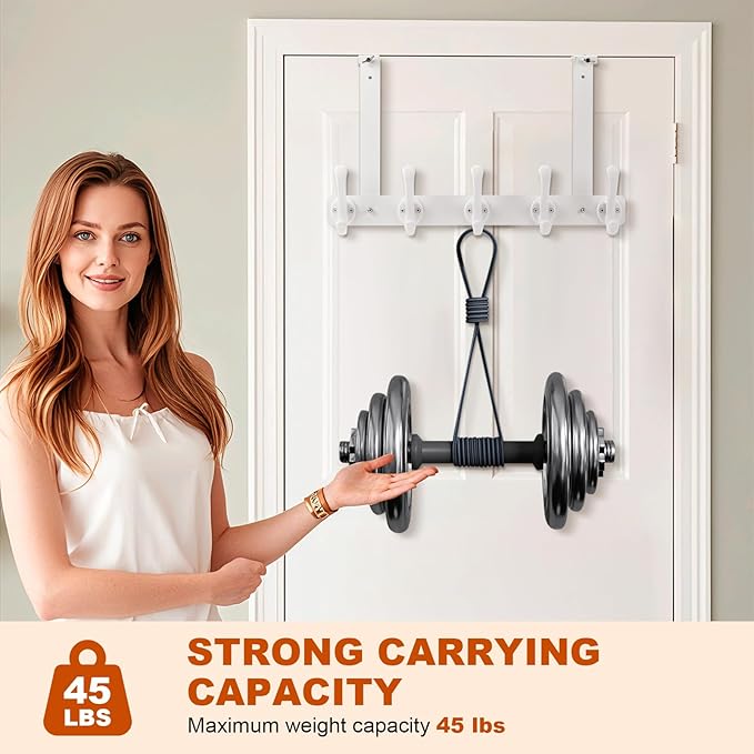 persevere Over The Door Hooks with Auto-Locking Design, Rustproof Multi-Functional Coat Rack, Bathroom Towel Holder, Space-Saving Door Hanging Organizer with 5 Hooks for Clothes and Towels (White)