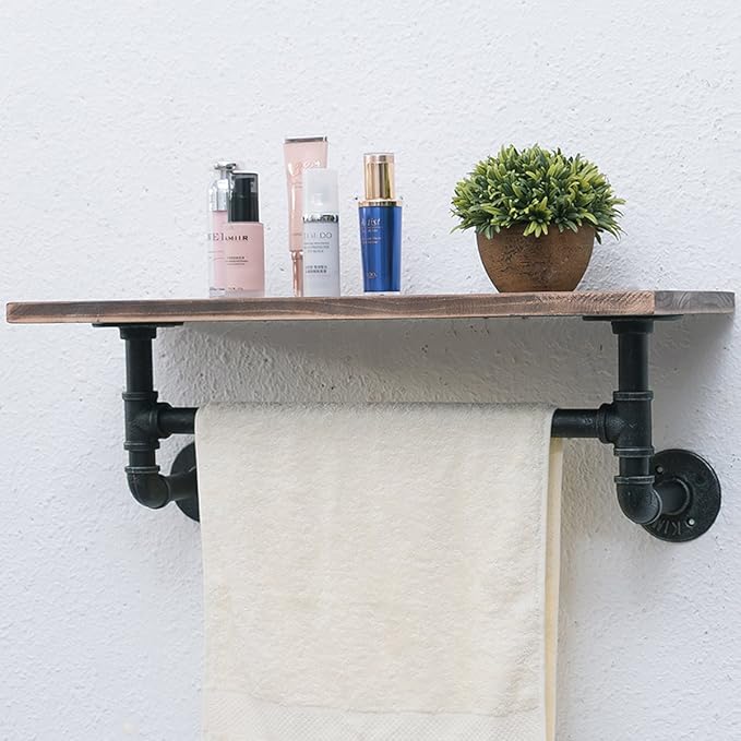 MBQQ 1 Tier Shelving Bathroom Pipe Shelves with Towel Bar Over Toilet, 24 inch Pine Wood Floating Shelves for Wall Mounted Bedroom,Kitchen, Farmhouse, Living Room