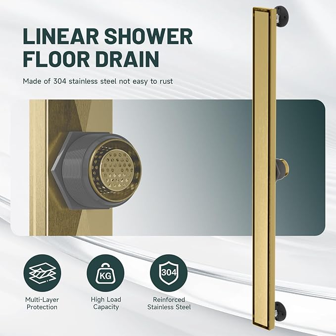 36-Inch Linear Shower Floor Drain, Stainless Steel Bathroom Floor Drains, Rectangular Shower Trench Floor Drain, Hair Strainer, Brushed Gold