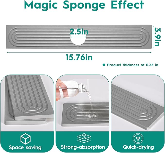 16 Inch Stone Faucet Mat for Kitchen Sink,Kitchen Sink Splash Guard-Water Absorbing Stone Tray for Sink,Super Absorbent, Diatomite Protector with Drainage for Kitchen Bathroom Counter(Light Grey）