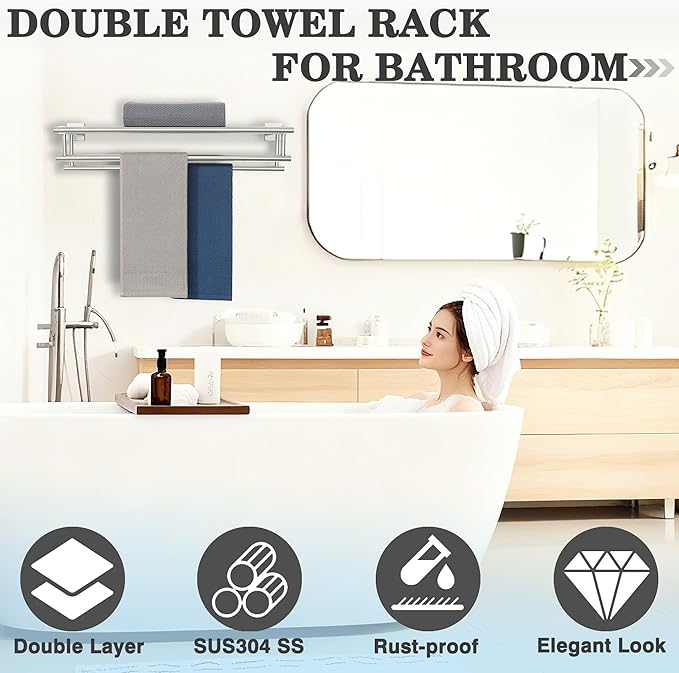 Alise Towel Rack,Towel Holder Towel Shelf with Double Towel Bars for Bathroom Lavatory,SUS 304 Stainless Steel Wall Mount Towel Hanger Storage,16 Inch Brushed Nickel,GZ8040-LS