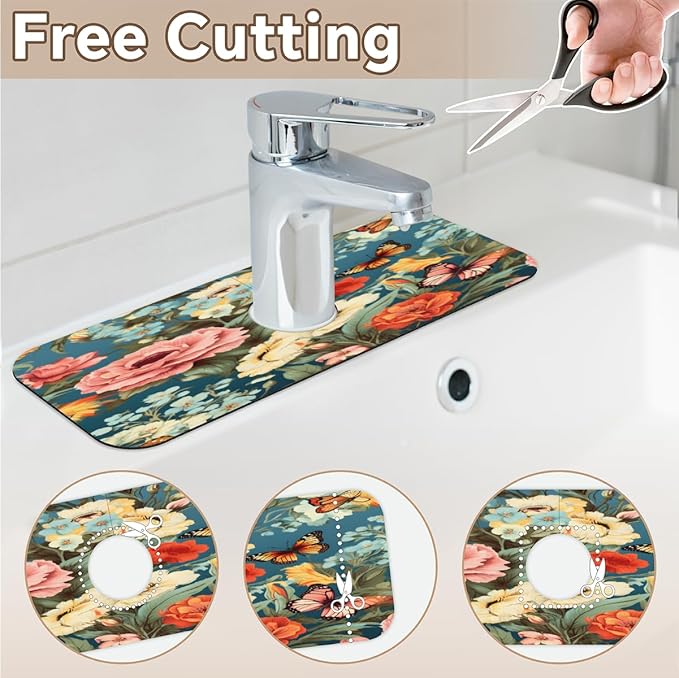 Vivid Flora Butterfly Blend Kitchen Faucet Mat Splash Guard, 15.4”x5.7” Absorbent Quick Drying Sink Mat for Countertop Protection, Draining Mat Sink Protectors For Kitchen Bathroom, 2 Pack