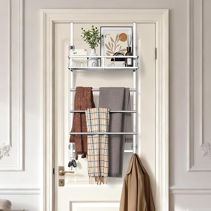 Towel Racks for Bathroom Over The Door Towel Rack Towel Storage with Metal Shelf Basket and Hooks Silver