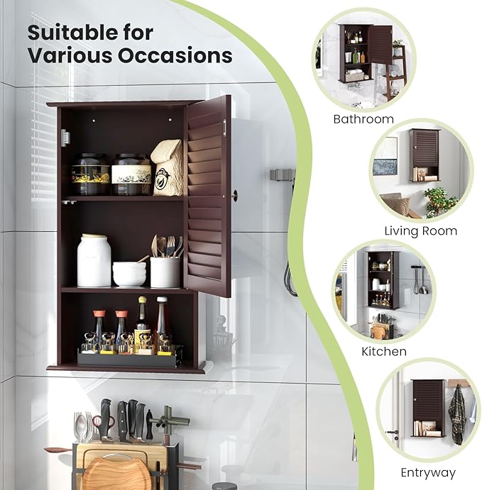 Tangkula Medicine Cabinet, Wall Mounted Bathroom Cabinet Single Door Wooden Bathroom Wall Cabinet with Adjustable Shelf (Brown)