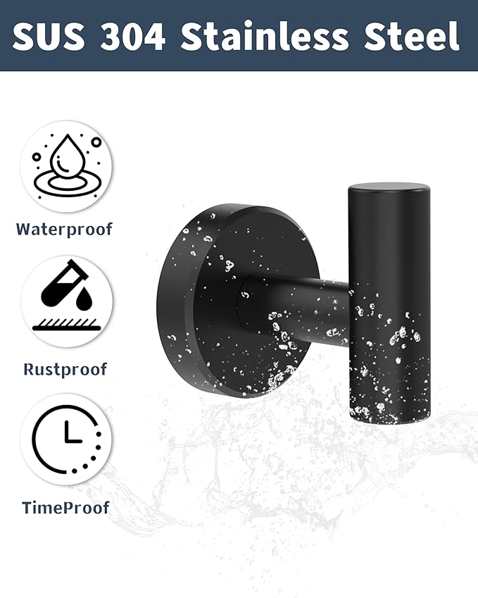 Black Bathroom Towel Hook, Coat Robe Clothes Hook for Kitchen Garage Wall Mounted 4 Pack, 304 Stainless Steel, Heavy Duty Door Hanger, Cabinet Closet Wall Hook for Hotel Pool (Matte Black)