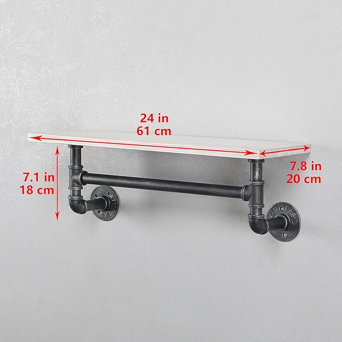 MBQQ Iron Pipe Shelves Industrial Bathroom Shelves with Towel bar,24in Rustic Metal Pipe Floating Shelves Pipe Wall Shelf,1 Tier Industrial Shelf Wall Mounted,Retro White