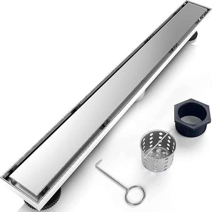 32 Inch Linear Shower Drain Silver Floor Drain for Bathroom Kitchen Rectangular 2 in 1 Floor Drain Tile Insert Cover 304 Stainless Steel Easy Install with Hair Strainer, Adjustable Leveling Feet