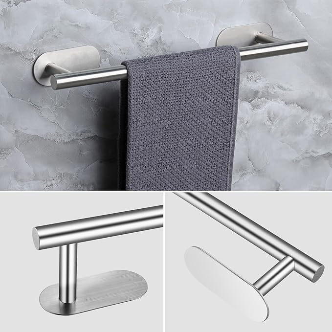 JiGiU Self Adhesive Towel Bar, Bathroom Hardware Set Include 16-Inch Bath Towel Bar,Toilet Paper Holder Towel Ring & 3 Packs Towel Hooks Stainless Steel Wall Mount No Drill Sticky on Towel Holder Kit