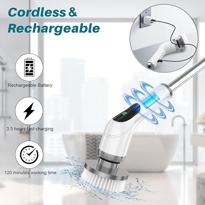 Electric Spin Scrubber for Cleaning: Cordless Scrub Brush with Extension Handle and Adjustable Speeds - Power Scrubbers for Cleaning Bathroom Shower Tub Tile Floor Car (Gray)