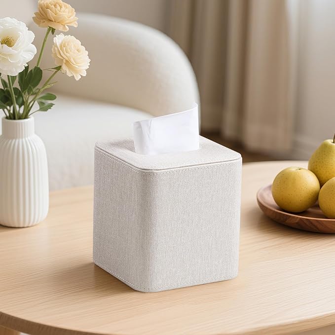 Square Linen Tissue Box Cover with Magnetic Closure, Modern PU Leather Tissue Box Holder for Bathroom Vanity NightStands Bedroom Office Desk, Stylish Cube Tissue Holder