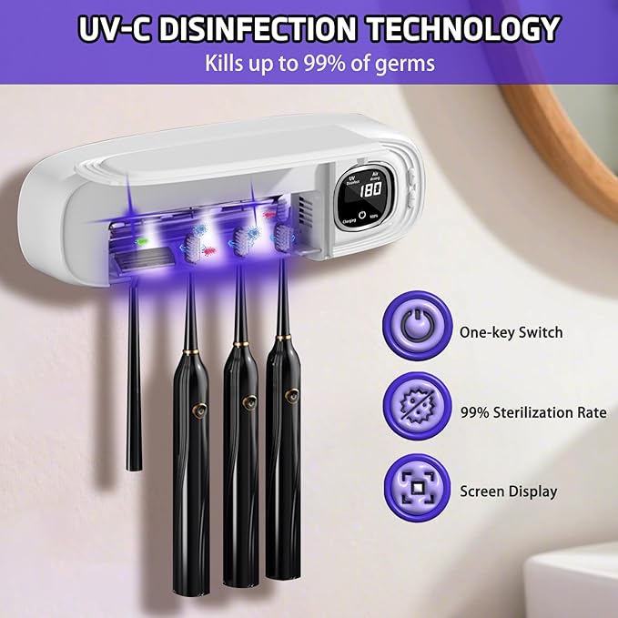 Wall Mounted Toothbrush Holders for Bathrooms, 4 Slots UV Toothbrush Sanitizer and Holder with Air Drying 3000mAh Rechargeable Cordless UV Toothbrush Cleaner with Timer Function & No Drilling (White)