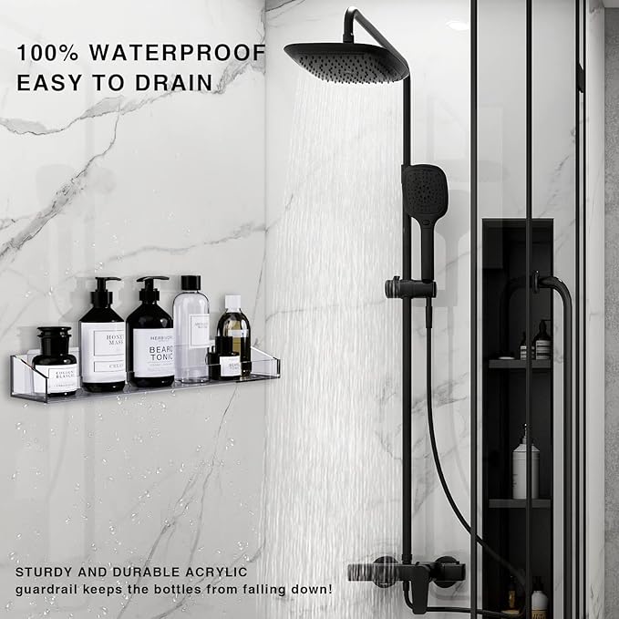 Acrylic Shower Shelves 2 Pack, Self Adhesive No Drill Bathroom Storage, Clear Wall Mount Organizer for Inside Shower