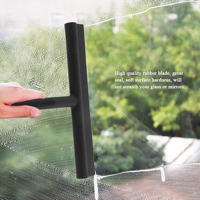 Window Shower Squeegee Scraper Scrubber Rubber Blade with Holder for Mirror Bathroom Kitchen Car Doors Glass Black