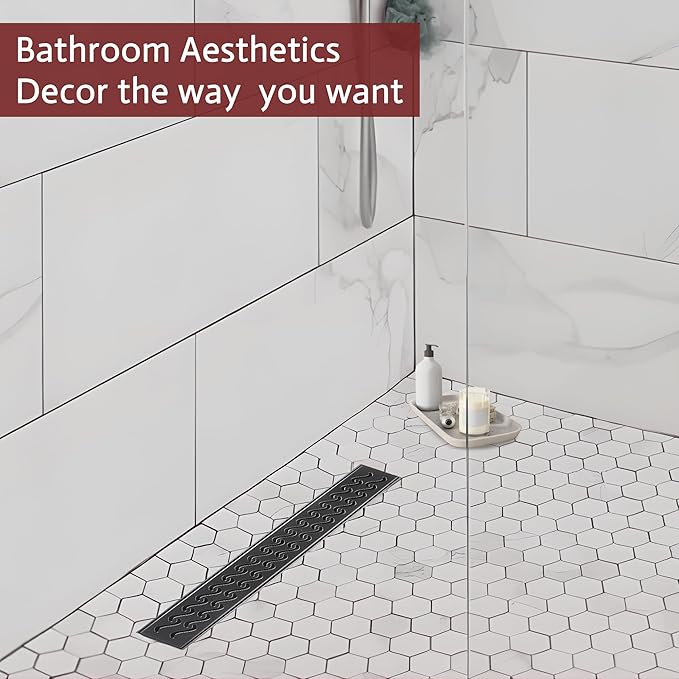 28 Inch Linear Shower Drain, Matte Black Shower Drain, Removable Grate, 304 Stainless Steel, Easy to Install and Clean for Bathrooms (Drain Base Not Included), LSD-08A-28B