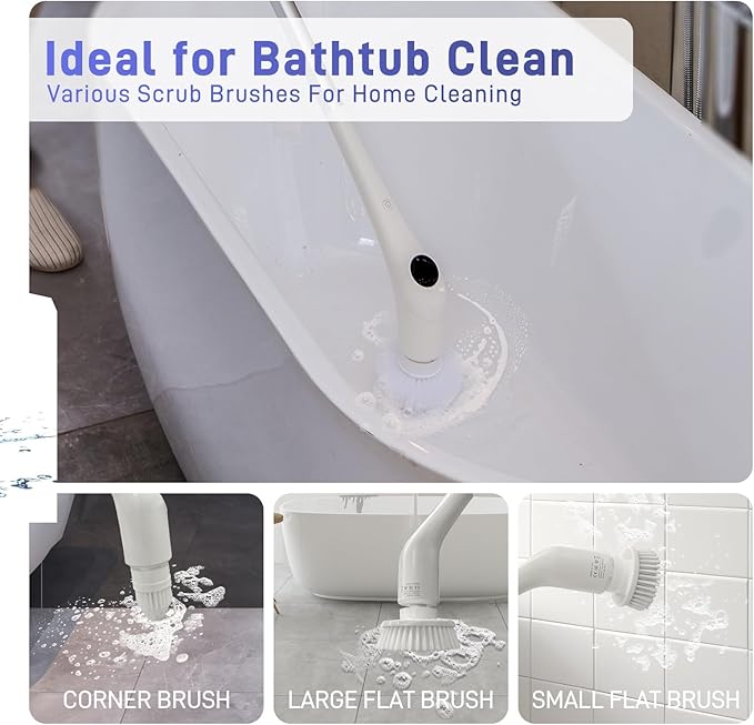 Electric Spin Scrubber - Bathtub Shower Scrubber,Bathroom Cleaning Brush with Long Handle Floor Brushes,Power Cordless Automatic Handheld Mop Cleaner for Bath Tub Kitchen Tile Grout Hardwood