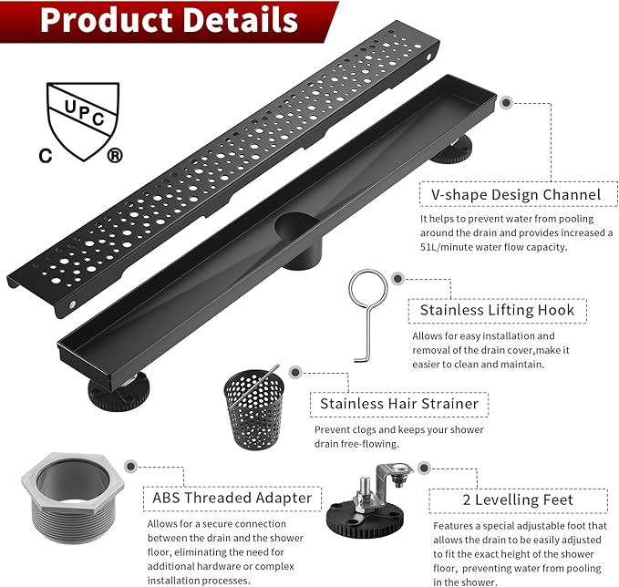 Sharp-tec 24 inch Linear Shower Drain, Black Rectangular Floor Drain, V-Shape Design Drain Channel, 304 Stainless Steel, cUPC Certificated for Bathroom Shower Room (Drain Base is Not Included)