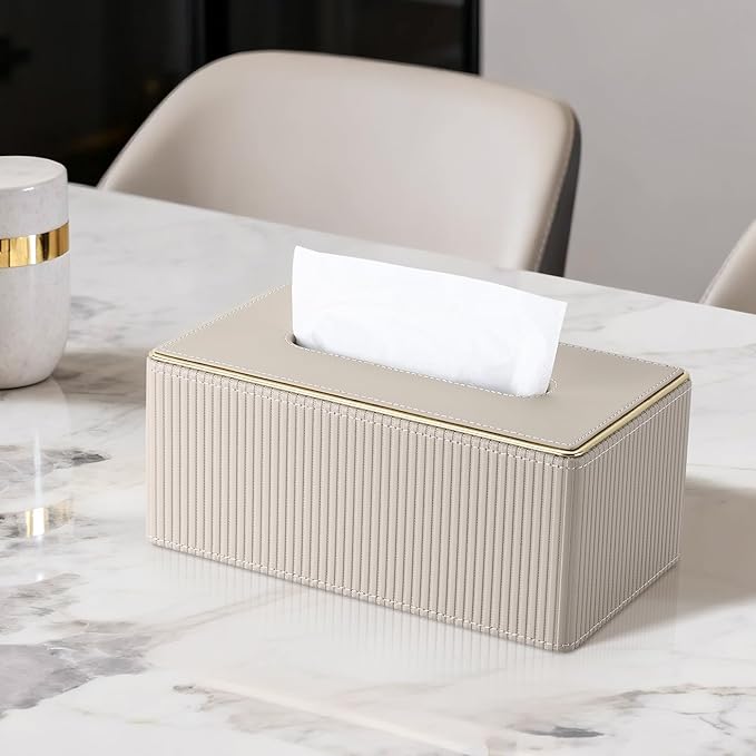 GORESE Rectangular Tissue Box Cover, PU Leather Kleenexs Box Cover, Rectangle Decorative Tissue Box Holder for 120(3-Ply)/160(2-Ply) Tissue Box, Beige