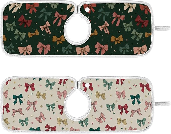 2 PCS Kitchen Sink Splash Guard 14.9 Inch Faucet Mat for Kitchen Sink Bathroom Sink Faucet Absorbing Drip Drain Mat Pad Microfiber Soft Washable Green and Beige Bows Stars