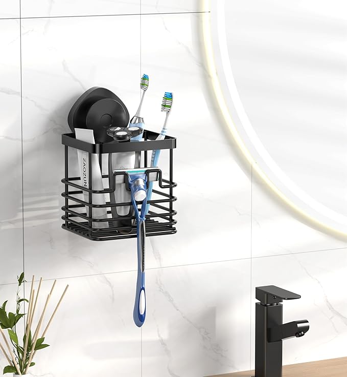 ZUNTO Suction Cup Toothbrush Holder for Bathroom Essentials - Wall-Mounted Suction Shower Caddy, Waterproof & Rustproof, Stylish Matte Black Design for Toothbrushes, Toothpaste, and Facial Cleansers