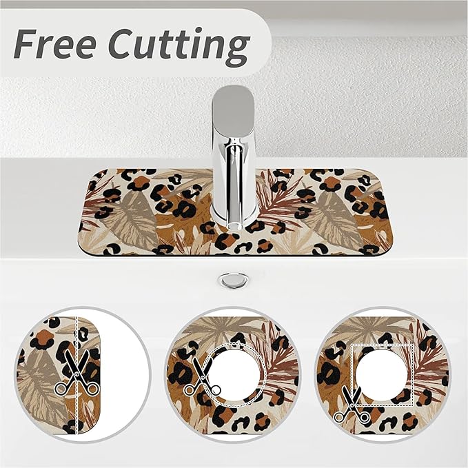 Kitchen Sink Splash Guard，Tropical leaves leopard print Faucet Mat Sink Gadgets-Super Absorbent Fast Drying Mat Drip Catcher for Kitchen, Bathroom,Sink Mat, Dish Drying Mat, Bathroom(15" X 5.5" )