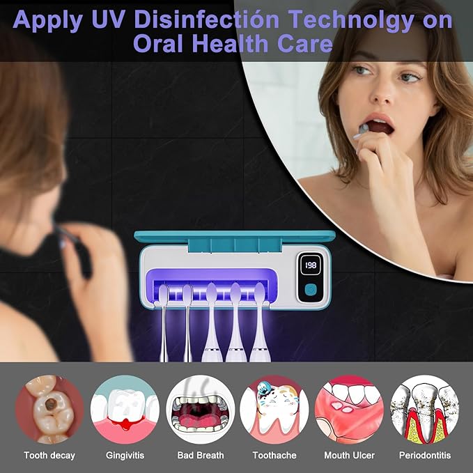 Toothbrush San itizer Holders Wall Toothbrush San itizer Holder with Light, 5 Slots Toothbrush Holder Rechargeable Toothbrush Cleaner Case Cover Toothbrush Holder with Air Dry for Bathroom (Blue)