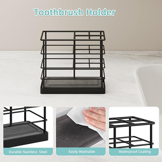 Toothbrush Holders, Bathroom Organizers and Storage with Instant Drying Stone, Bathroom Accessories Toothpaste Holders, Bathroom Counter Organizer, Black