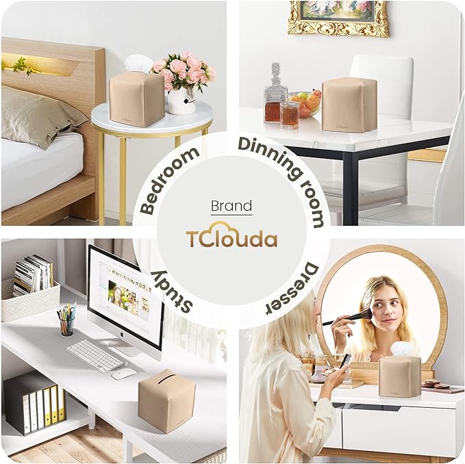 Tissue Box Cover, Tclouda, Modern PU Leather Square Tissue Box Holder for Creative Decorative, 4 Pack, Ideal for Bathrooms/Office/Car/Nightstand/Outdoor Tent, 5"X5"X5", White&Beige&Gray&Claybank