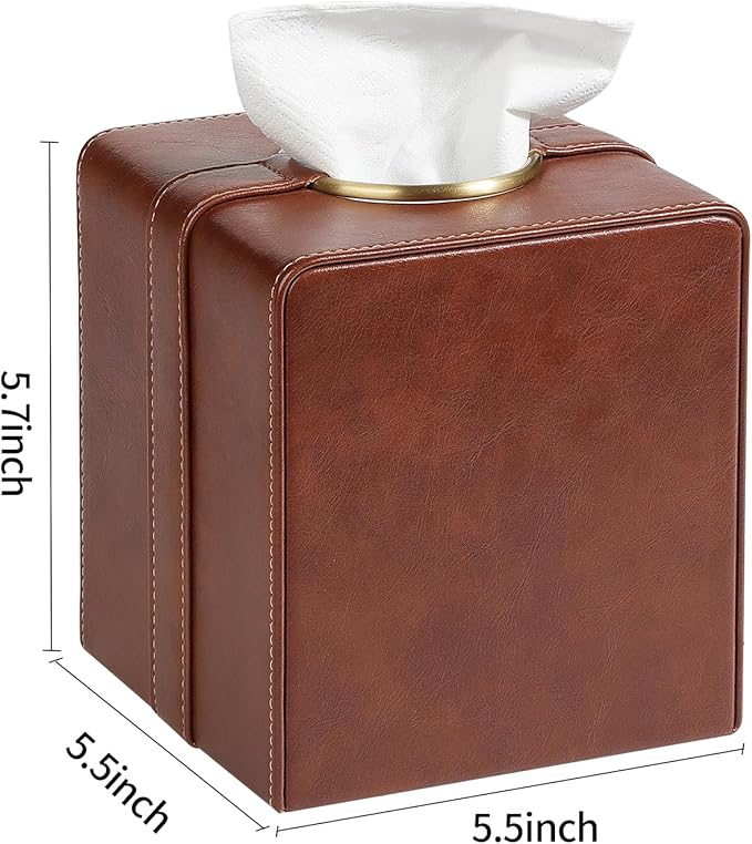 Luxury Square Tissue Box Cover, PU Leather Tissue Box Holder with Magnetic Closure and Gold Decorative Grommets for Bathroom Bedroom, Decorative Elegant Cube Tissue Holder (Brown)