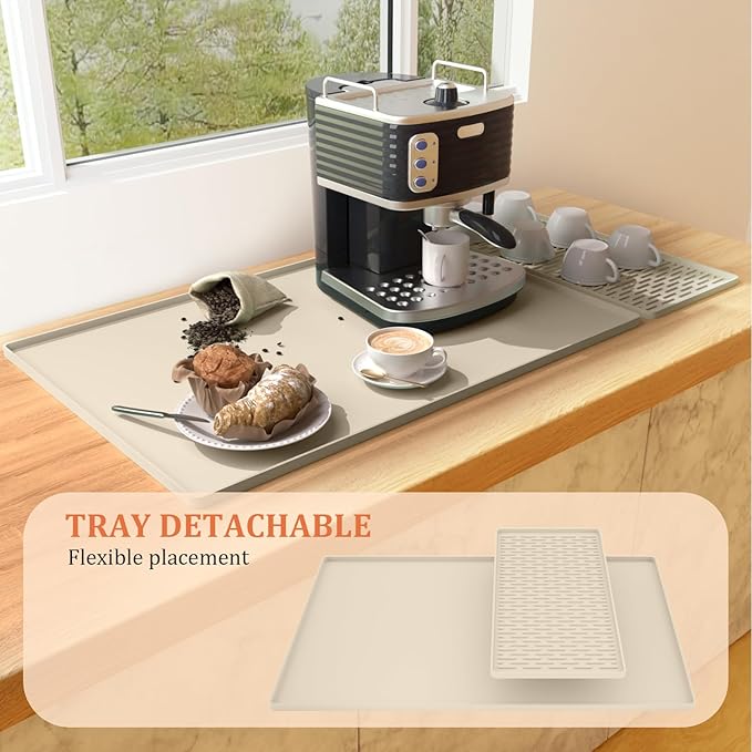 Silicone Coffee Mat - 24" x 16" Removable Bar Mat, Waterproof Leak-Proof Dish Drying Pad, Fits Under Coffee Makers and Espresso Machines to Keep Surfaces Clean, Beige
