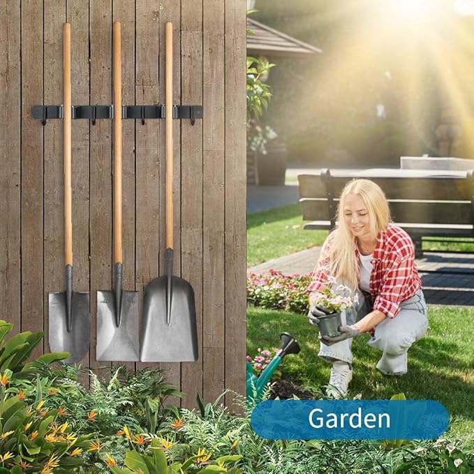 2 Pack Broom Hanger and Mop Holder, Heavy Duty Garden Tool Organizer Rack Rake and Shovel Handle, Stainless Steel Wall Mounted Utility Rack with Screws (3 Racks with 4 Hooks, Matte Black).