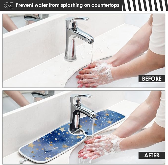 2 PCS Kitchen Sink Splash Guard 14.9 Inch Faucet Mat for Kitchen Sink Bathroom Sink Faucet Absorbing Drip Drain Mat Pad Microfiber Soft Washable Black and Blue Stars