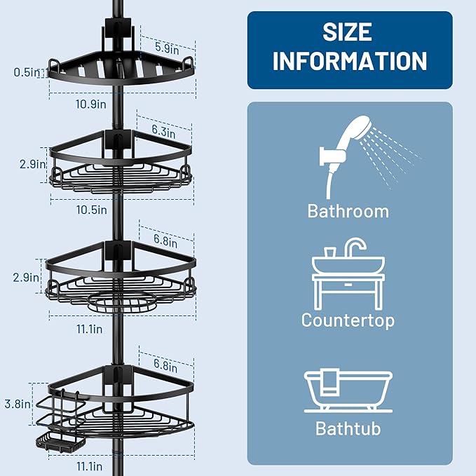 Corner Shower Caddy Tension Pole, 4 Tier Adjustable No Drill Rustproof Large Capacity Space-Saving Shower Shelves Organizer Storage Rack 45.29-119in for Bathroom Bathtub Family Renters, Black