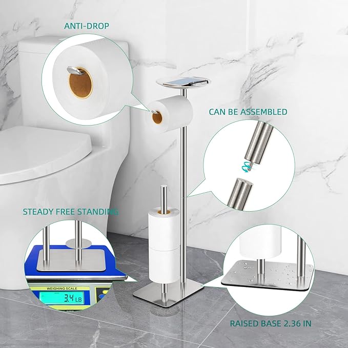 Toilet Paper Holder Stand for Bathroom Floor Standing Toilet Roll Dispenser Storages 4 Reserve Rolls, with Top Storage Shelf for Cell Phones, Wipe, Wallet and More(Brush Nickel)