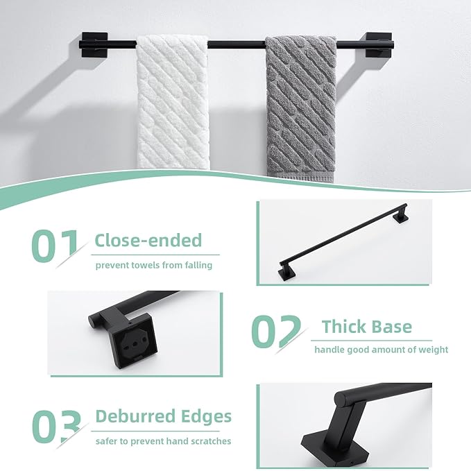 Suyar Bathroom Accessories Set, SUS 304 Stainless Steel Bathroom Hardware Set 4 PCS, Include Robe Hook, Toilet Paper Holder, Hand Towel Holder, Towel Bar, Matte Black