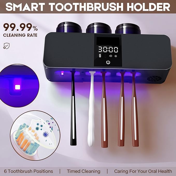 Smart Toothbrush Sterilizer & Holder with Toothpaste Dispenser - Shmian 6-Slots Wall Mounted Cleanser with Rapid Drying, LED Display and 3Cups, Rechargeable for Family Bathroom (Dark Grey)