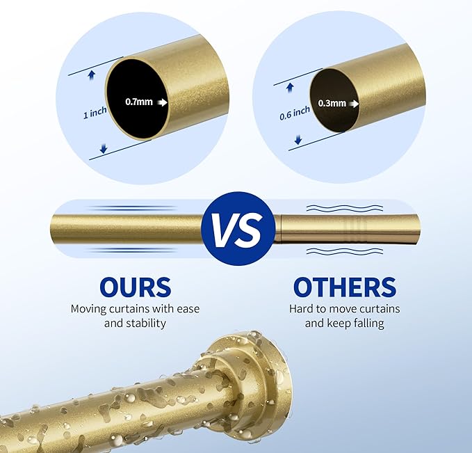 Shower Curtain Rod, 1" Diameter Heavy Duty Tension Shower Rod, Non Slip Adjustable 28-74 inch No Drilling Shower Curtain Rods Spring Tension For Bathroom, Shower Stall, No Rust, Chrome Gold