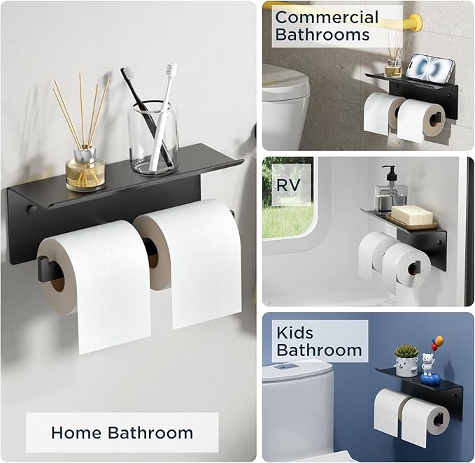 FORIOUS Black Toilet Paper Holder with Shelf, 304 Stainless Steel Wall Mount Commercial Toilet Paper Dispenser, Double Tissue Roll Holder for Bathroom, Matte Black