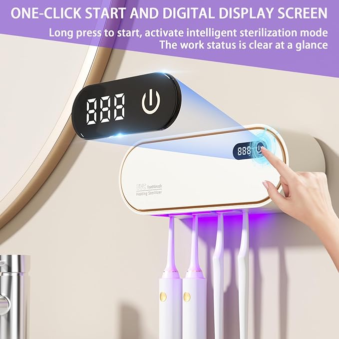 Toothbrush Holders for Bathrooms,Electric Toothbrush Holder with 24-Hour Smart Cycle Cleaning and hot air Drying, LED Display, Rechargeable Wall Mounted Tooth Brushing Holder (White)