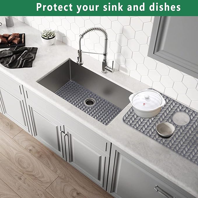 GUUKIN Sink Protectors for Kitchen Sink, 26''x 14'' Silicone Kitchen Sink Mat Grid for Bottom of Farmhouse Stainless Steel Porcelain Sink with Rear Drain (Grey)