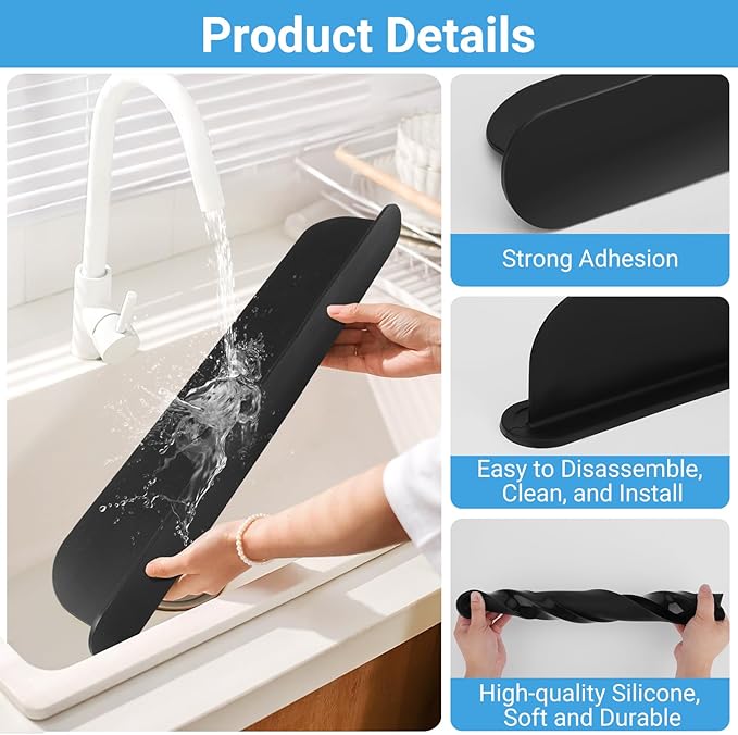 19.29 inch Sink Water Splash Guard, Silicone Sink Splash Guard, Backsplash Protector for Kitchen Countertop & Bathroom Bathtub with Non-Slip Strong Suction, Black, Pack of 2