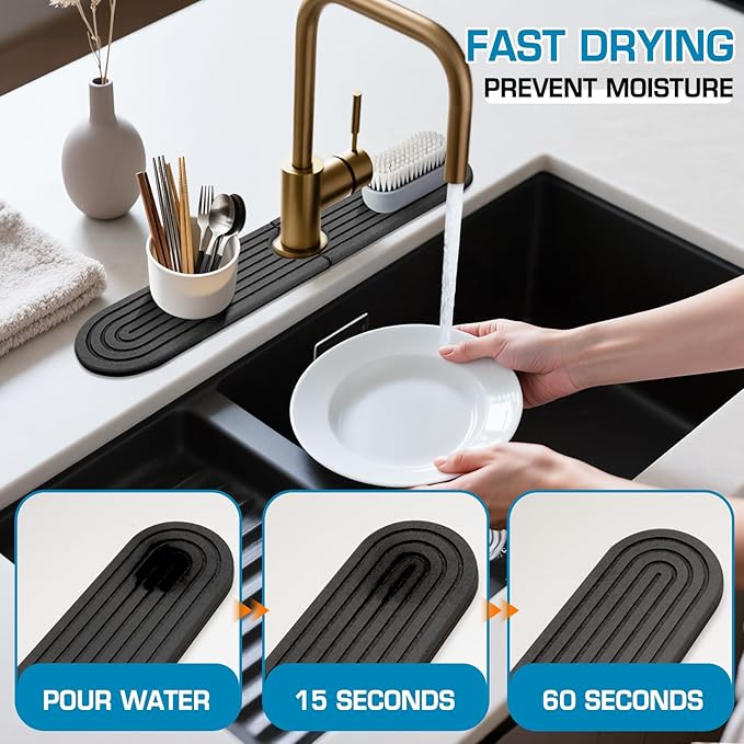 Diatomite Stone Faucet Mat For Kitchen Sink-Absorbent Fast Drying Stone Sink Tray,Faucet Splash Guard Counter,Quick Dry Sink Mat Around Faucet For Kitchen & Bathroom (Dark Gray-Oval,15.7" x 4")