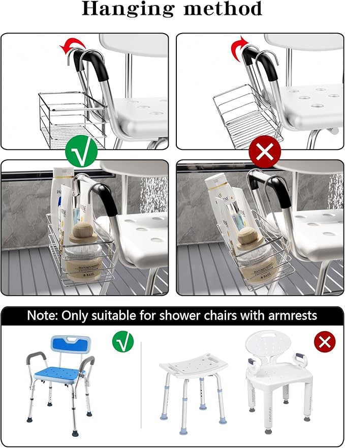 Bathroom Shower Organizer, Chair Upper Hanging Shelf, 304 Stainless Steel Seat Storage Shelf for Elderly Disabled Shower Chair Bench with Armrests
