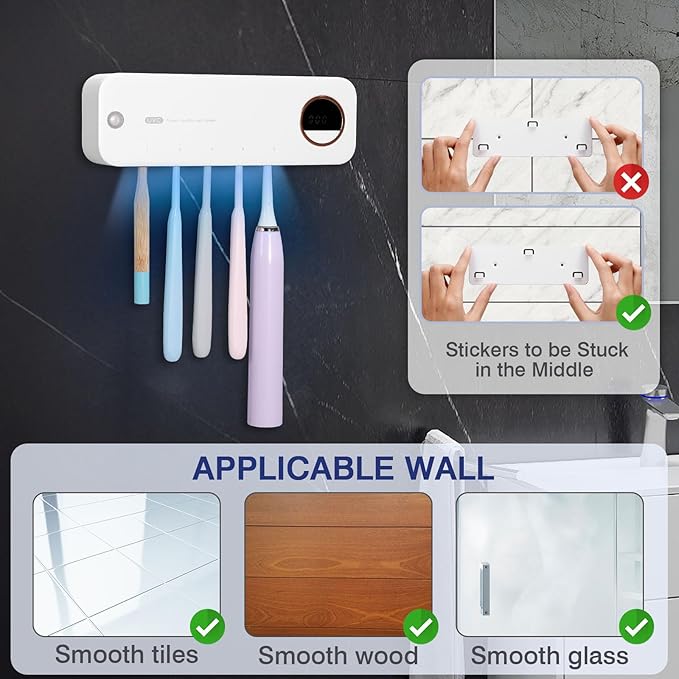 GFBEBDVToothbrush Cleaner, Electric Toothbrush Holder, Rechargeable Bathroom Wall Mounted Toothbrush Holder with Fan Drying and Timer, Holds 5 Toothbrushes and 1 Razor, Fits 99% of Toothbrushes.