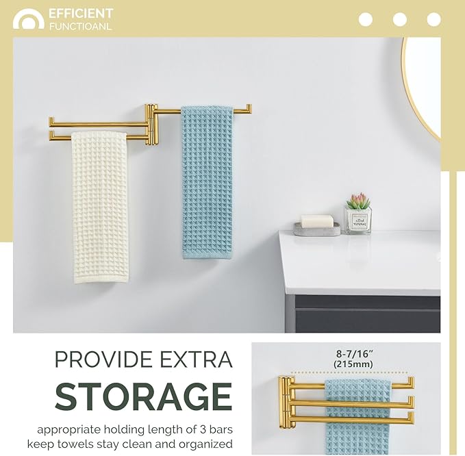 Angle Simple Swivel Hand Towel Rack, SUS 304 Stainless Steel Foldable 3 Towel Holder Bars for Bathroom Kitchen, Brushed Dark Gold