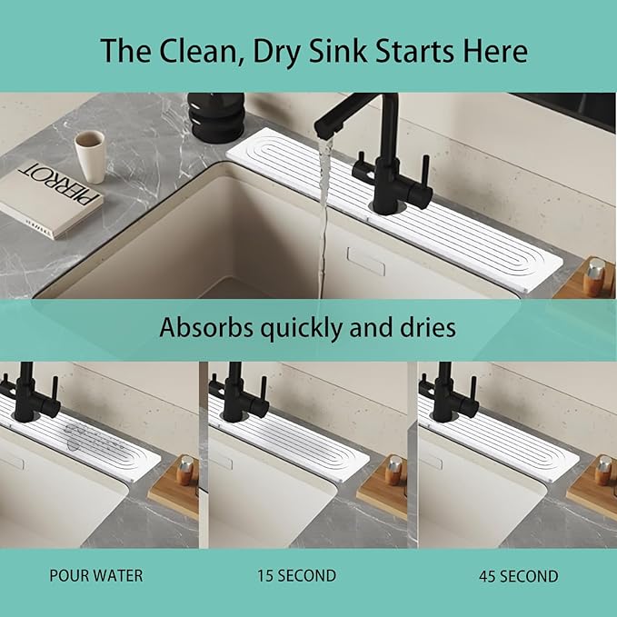 23.6 Inch White Diatomite Faucet Mat, Super Absorbent Stone Tray Fast-Drying Sink Mat, Quick Dry Kitchen Splash Guard for Kitchen Sink/Bathroom Counter