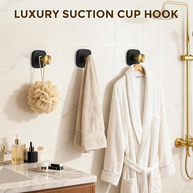 Suction Cup Hooks for Shower, No-Drill Towel Hooks for Bathrooms, Kitchen, Glass Door, Mirror, Tile, Shower Suction Hooks for Hanging Towels, Robe, Loofah, Christmas Wreath (Black&Gold, 4 Pack)