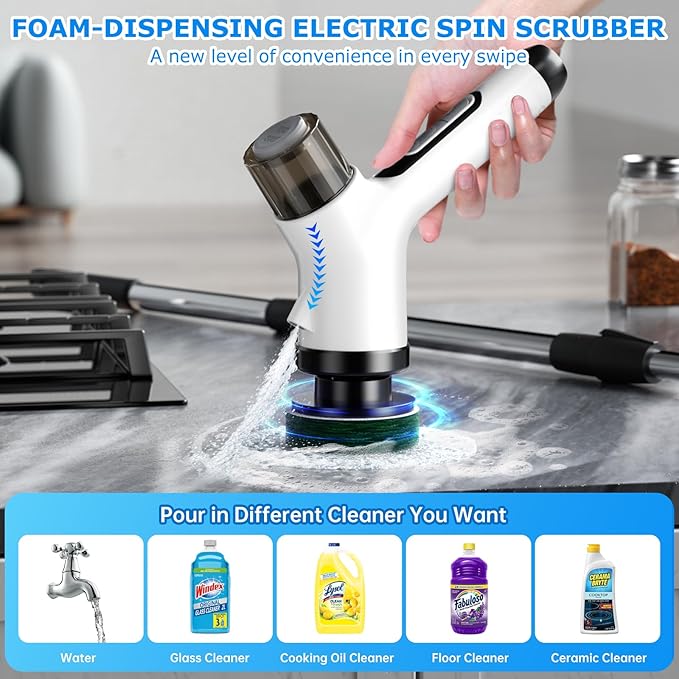 Electric Spin Scrubber,Cordless 2 Speeds Shower Scrubber with Foam &Remote Control,IPX7 Waterproof Adjustable Electric Scrubber for Cleaning with 7 Replaceable Brush for Bathroom Kitchen Car
