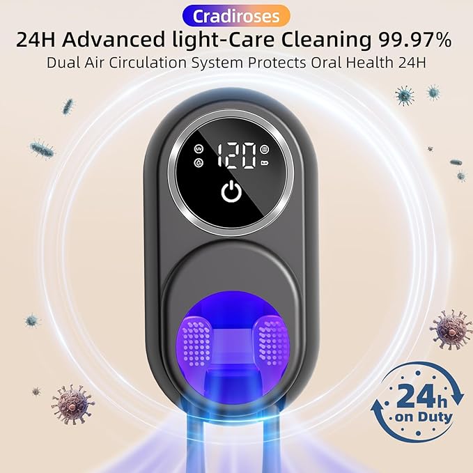 Black UV Toothbrush Sanitizer Holder - 2 Slots Auto-Sensor Wall-Mount with LED Smart Screen, Heated Fan Drying, Rechargeable for Bathroom