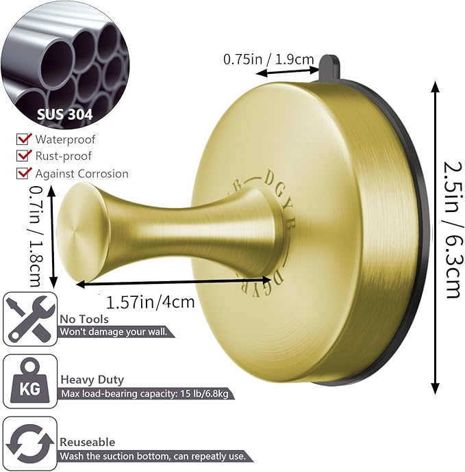 DGYB Suction Cup Hooks for Shower Set of 2 Removable Stainless Steel Towel Hook for Bathroom Glass Window Door Wall and Suction Wreath Hook for Hanging Robe, Loofah, Coat - Gold