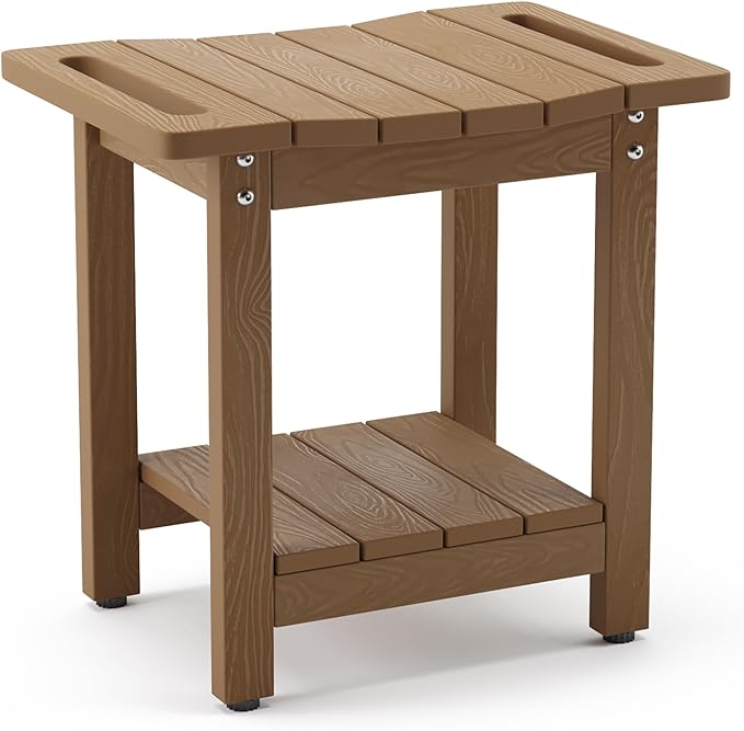 LUE BONA HDPS Shower Bench Seat with Shelf, Brown Shower Stool for Inside Shower Waterproof, Bath Shower Stool Chair for Spa Bathroom, Weather Resistant/Non-Slip/Handles/Indoor or Outdoor Us
